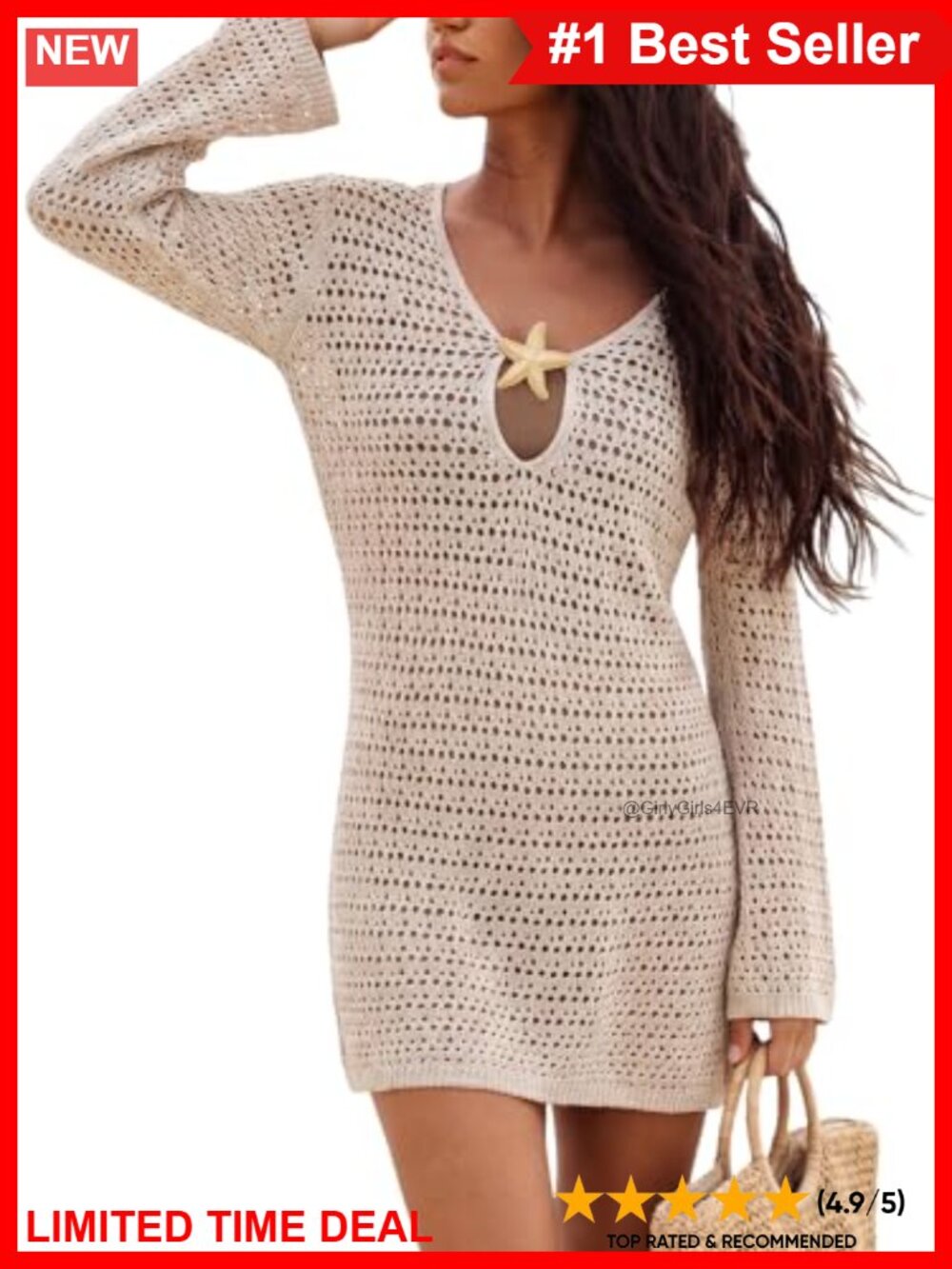 Crochet Swim Cover-Up Mini Beach Dress Long Sleeve
